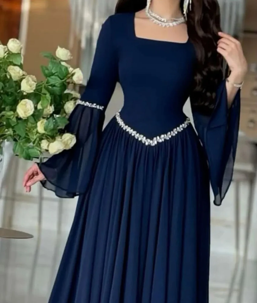 

Customized Graceful Chiffon A-Line Crystal Evening Dress Temperament Long Sleeves Square Neck Floor Length Celebrity Gowns