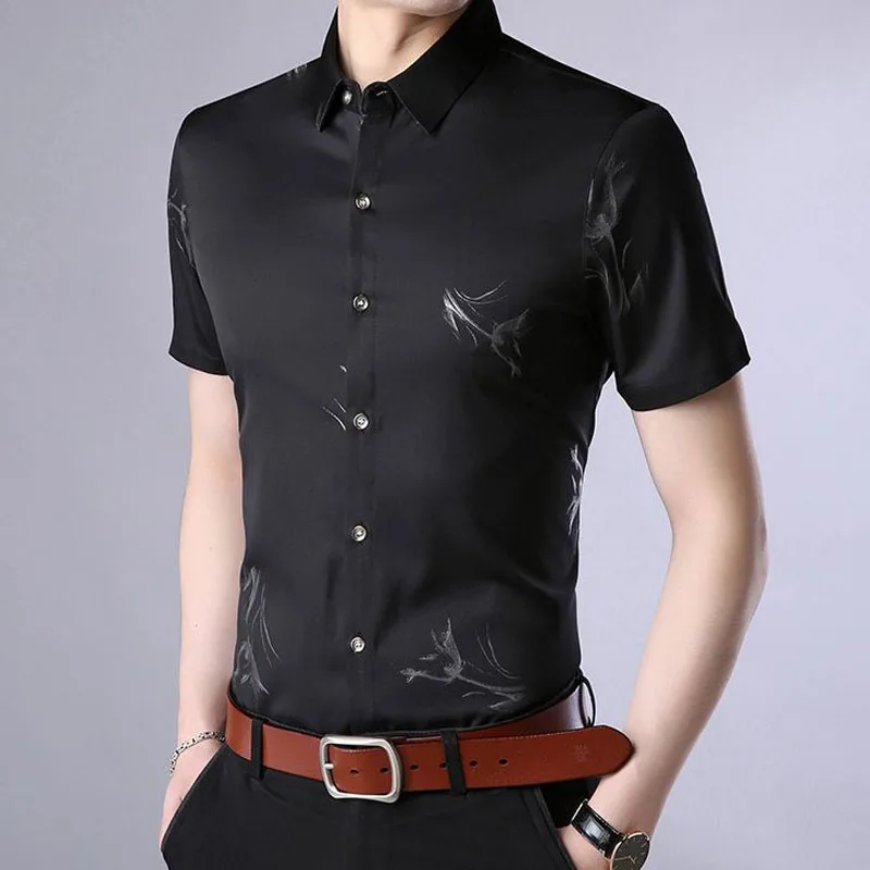 Tendência moda impressa camisa masculina de peito único verão coreano casual confortável manga curta polo-pescoço camisa roupas masculinas