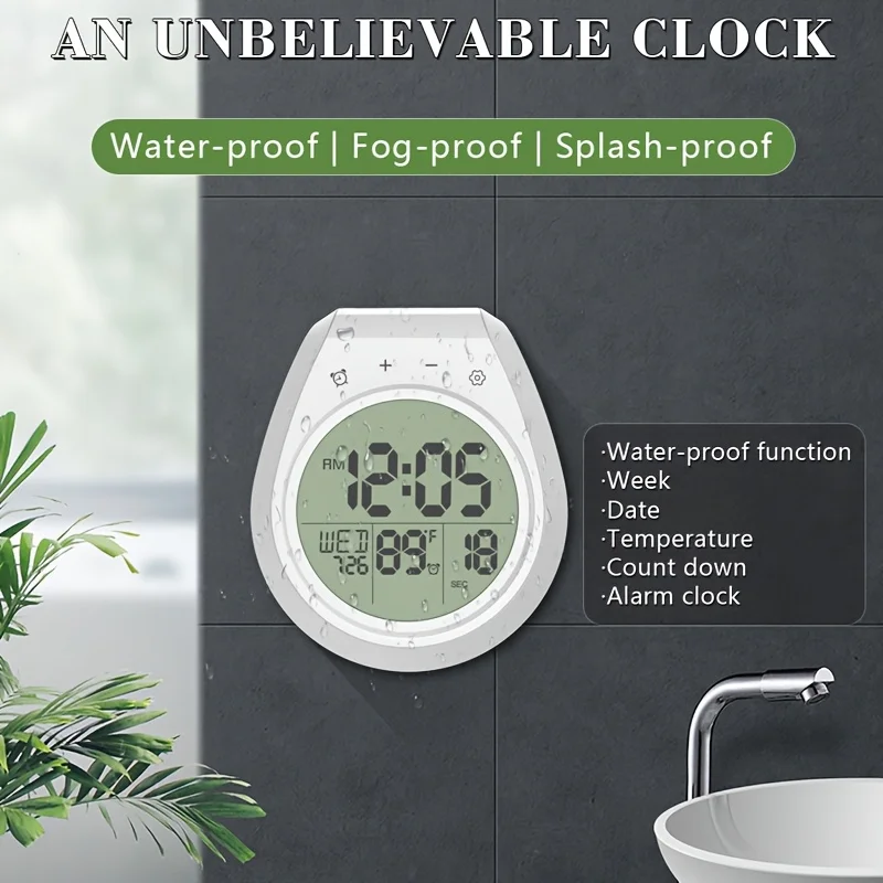 Digital Bathroom Clock with Large LCD Display, Shower Timer and Thermometer, Suction Cup Mount, 99-Minute Countdown Timer