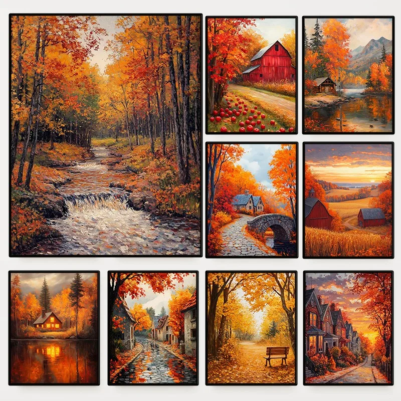 Autumn Natural Scenery Poster Golden Field Tree Forest Rustic Fall Landscape Canvas Painting Wall Art for Living Room Home Decor