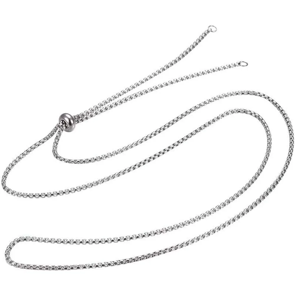 10pcs Silver Adjustable 304 Stainless Steel Slider Necklaces with Box Chains Necklaces and Slider Stopper Beads Necklaces for