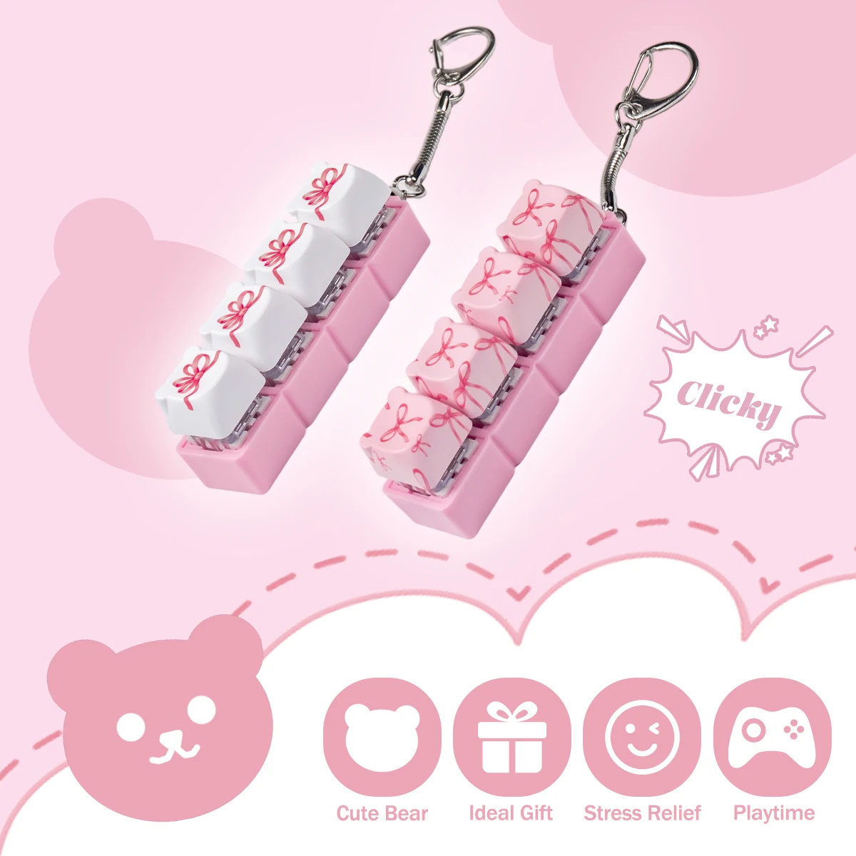 4 Keys Pink Bow Fidget Toys Keyboard Clicker Keychain Fidget Sensory Fun Toys for Anxiety Decompression Keyboard Fidget Clicker