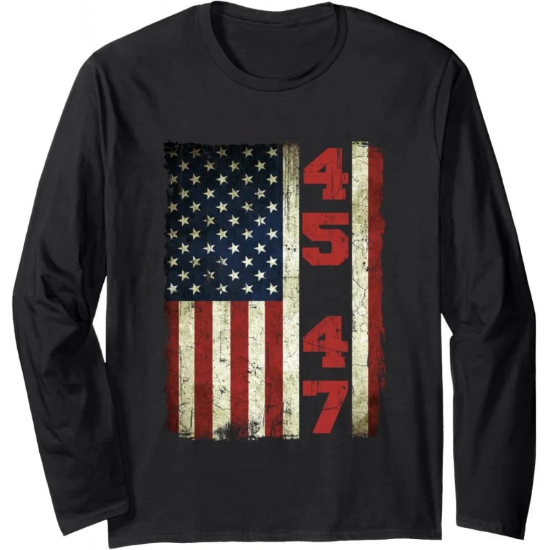 

45 47 Trump vintage USA flag 2024 President election long sleeve T-shirt men's and women's loose