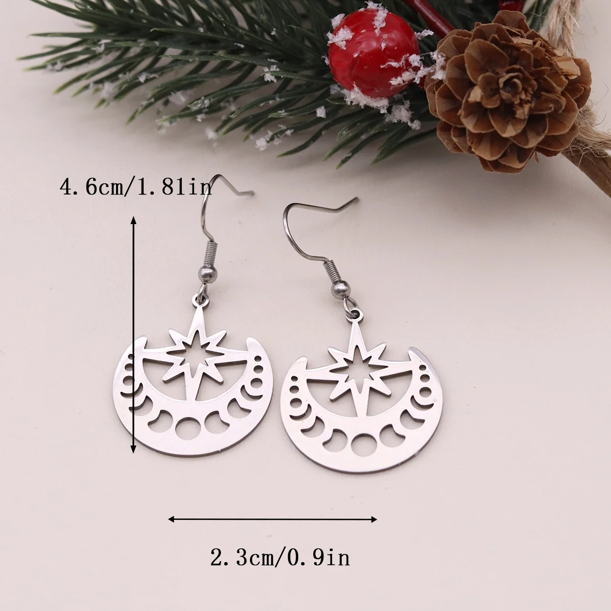 Kinitial Moon Phase North Star Pendant Dangle Earrings For Women Stainless Steel Earring Witchcraft Pentagram Jewelry Gift