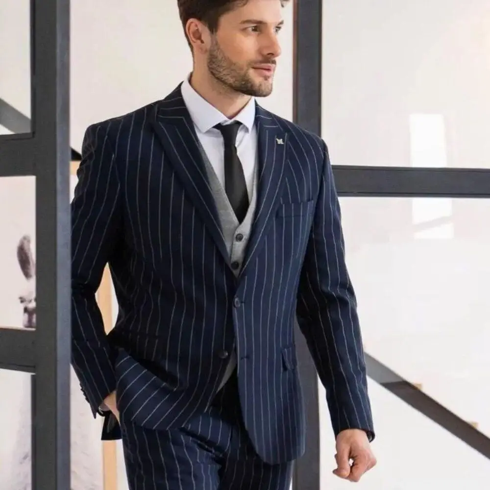 

Men's Suits 2023 Business Men Dark Blue Stripe Blazer Slim Fit Wedding Male Dress Groom Tuxedo Suit Prom 2 PCS Costume Homme