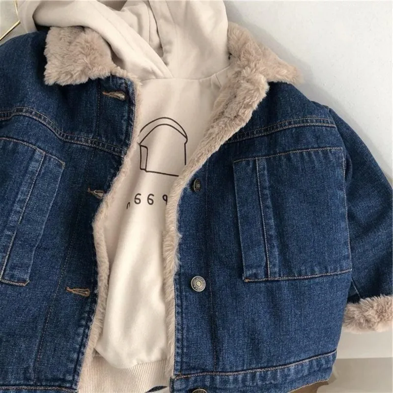 New Children\'s Denim Jacket For Autumn And Winter Boy Handsome And Plush Thick Jacket Girl Baby Korean Warm Coat