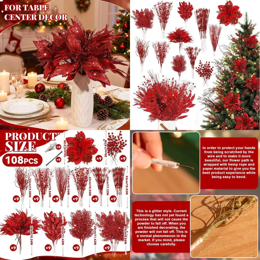 

108 Pcs Red Glitter Christmas Picks and Sprays, 12 Styles Artificial Christmas Floral Berry Branches Flowers Stems for Xmas Tree