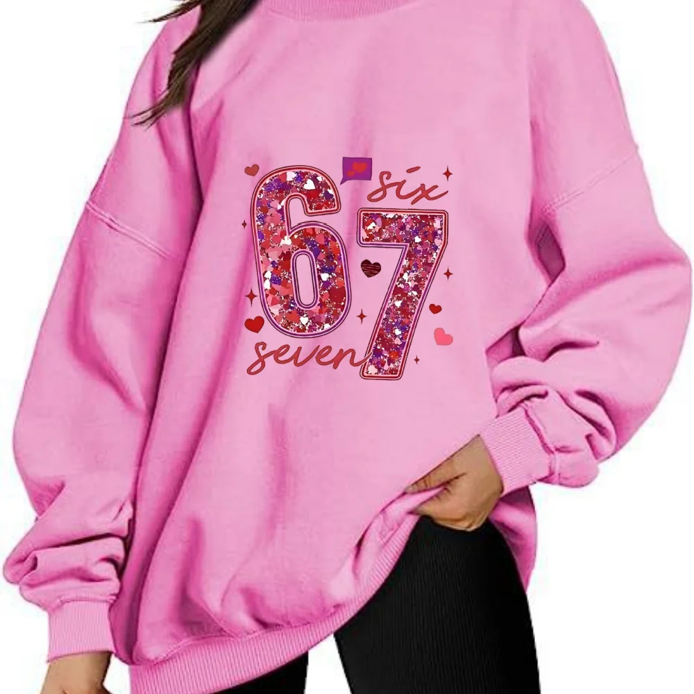 67 Printed Crewneck Sweatshirt Women Casual Loose Long Sleeve Pullover Streetwear Top