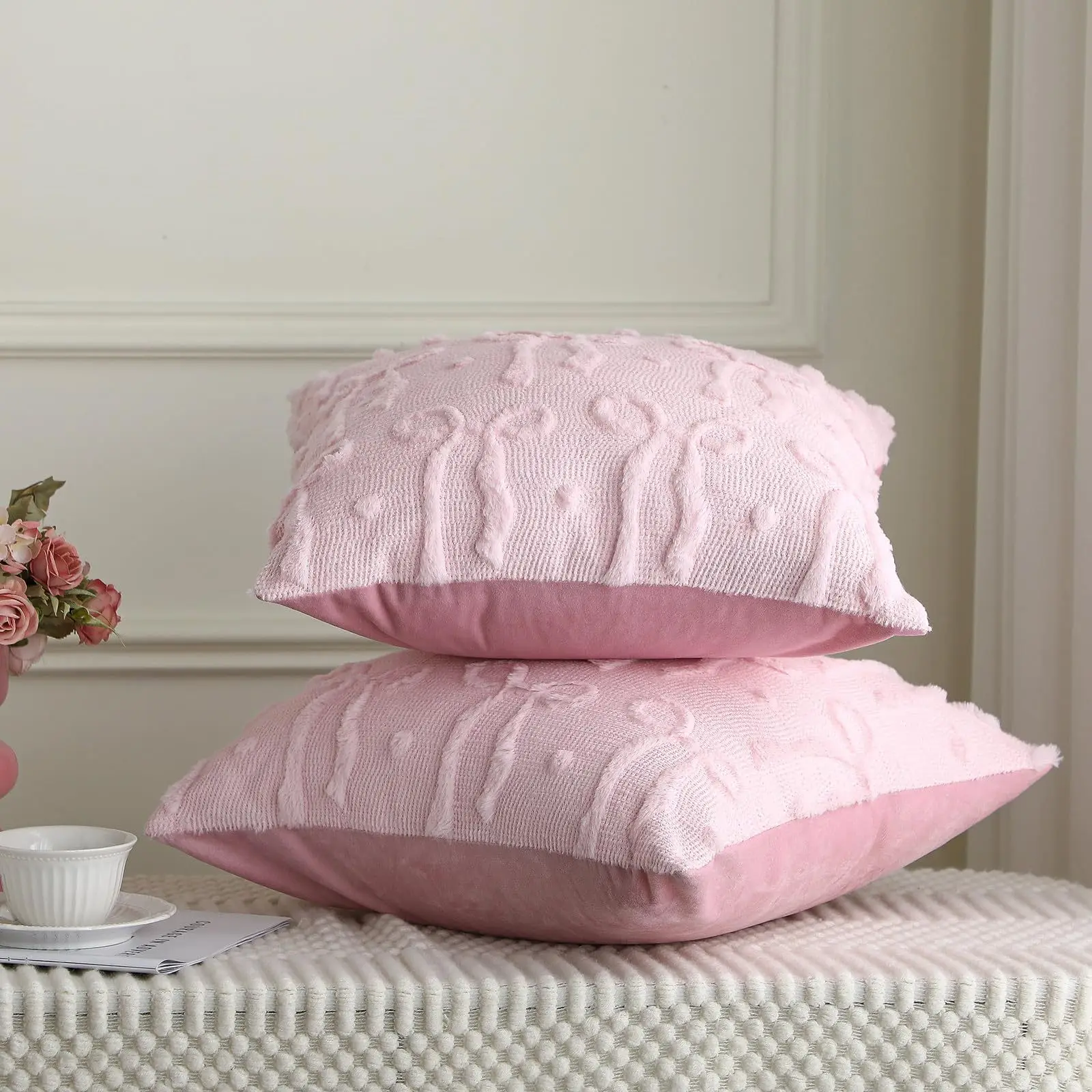 غطاء وسادة على شكل فيونكة وردية غطاء وسادة مزخرف بدون إدخال قماش قطيفة ناعمة لمسند ظهر السرير وسادة مقعد المكتب ديكور المنزل