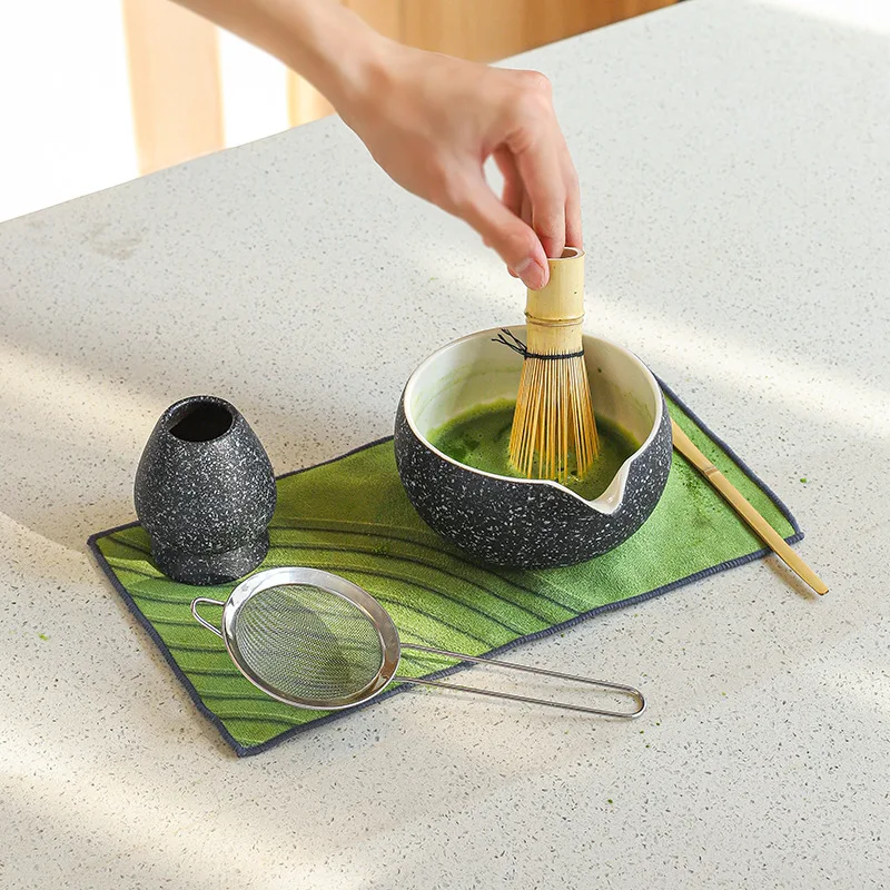 Traditional Japanese Matcha Tea Ceremony Set Ceramic Matcha Bowl, Bamboo Whisk, Scoop Holder in Matte Black Gray, Ideal for Home Brewing and Gift Giving