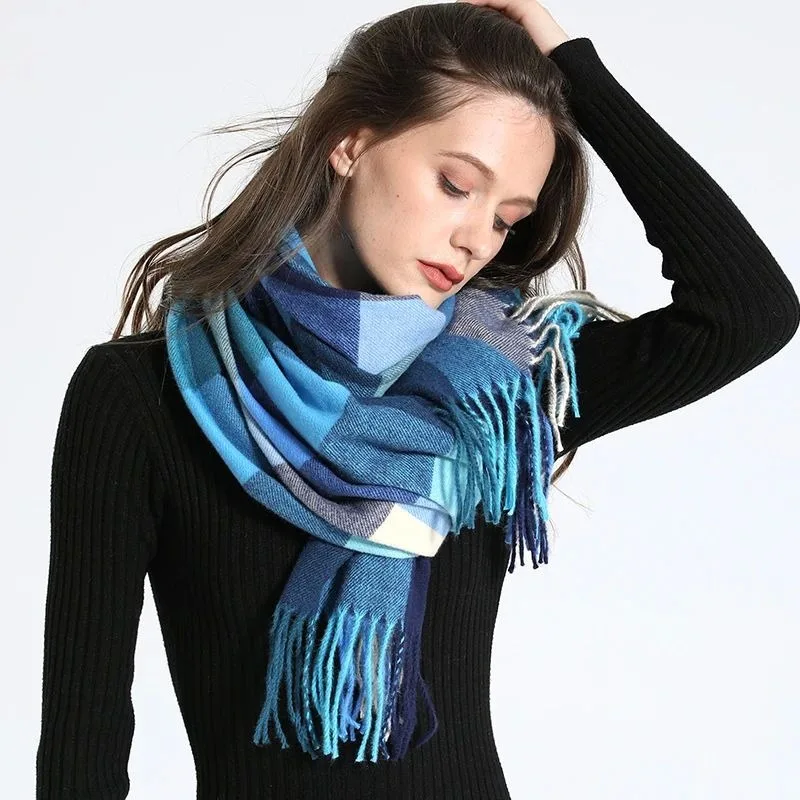 2024 New Women's Simulated Cashmere Checker Scarf - Classic British Style Color-Block Plaid with Exquisite Tassel Design