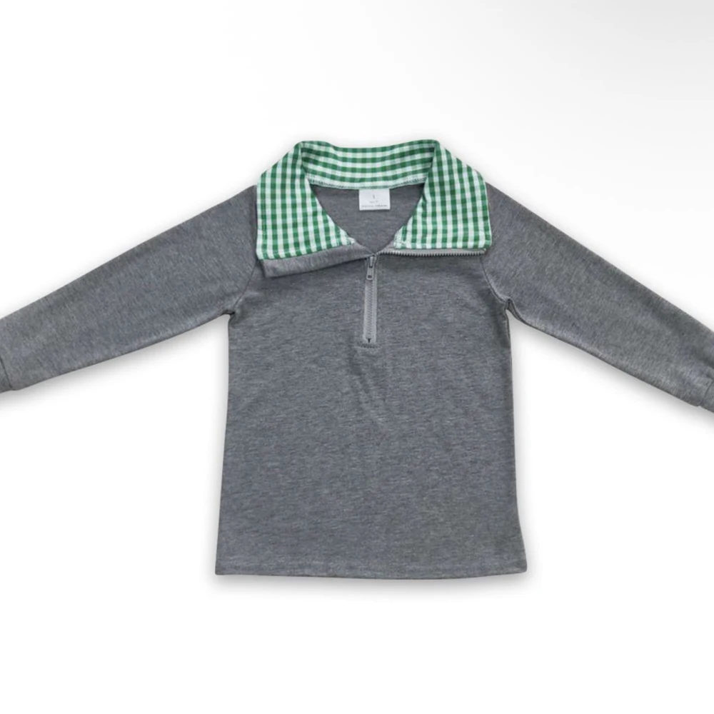 تي شيرت للأطفال الأولاد باللون الأخضر منقوش بأكمام طويلة وسحاب تي شيرت رمادي من القطن للأطفال في عيد الميلاد