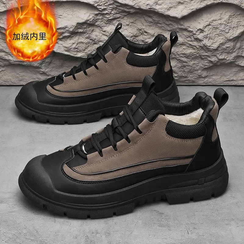 

Зимние уличные повседневные ботинки, теплые, нескользящие, высокие, мужские рабочие ботинки, удобные кроссовки для ходьбы, модные кожаные сапоги с мехом