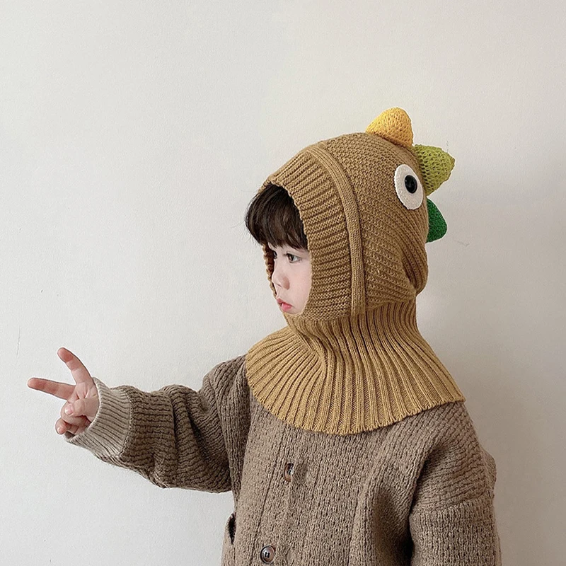 MILANCEL New Winter Children\'s Dinosaur Knitted Hat Kids Cute Hat with Scarf Boys Warm Cap