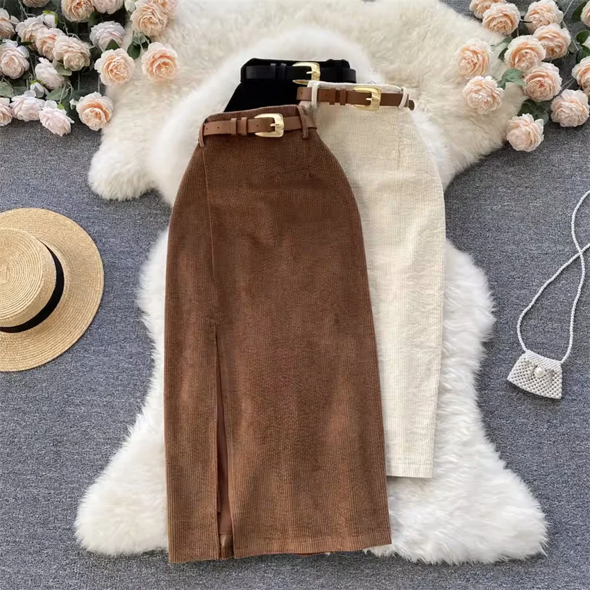 

Gowyimmes 2023 Autumn Women Corduroy Skirt Elegant Lady High Waist Split A-line Skirts Slim Midi Long Hip Pakadge Skirt PD1679