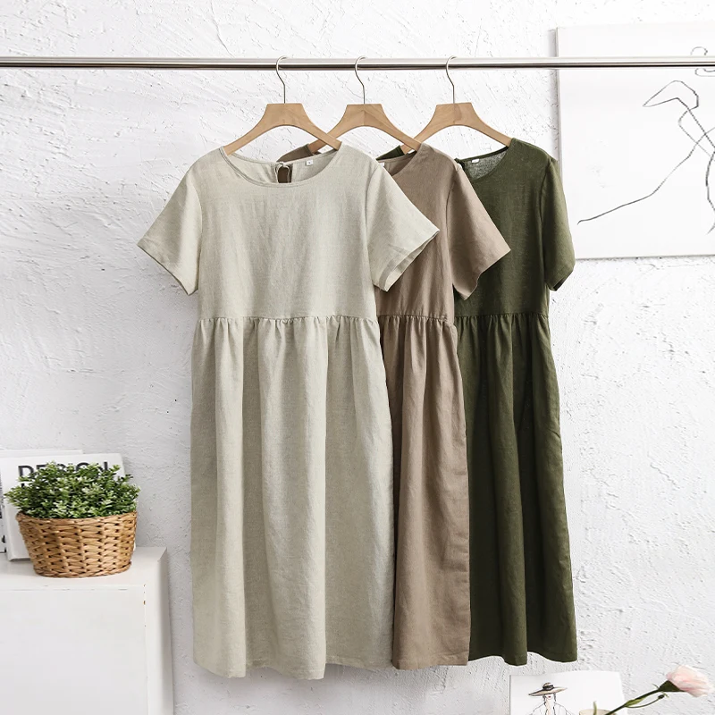 Cotton Linen Dresses For Women 2023 Casualshort Sleeve Back Bandage Harajuku Long Dresse Ladies Dresses Summer Sale Vestidos