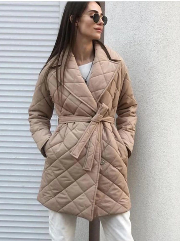 Alieneon Vintage Cotton Quilted Women\'s Jacket Fall Long Puffer Trench Winter Coat White Turndown Collar Bandage Padded Jacket