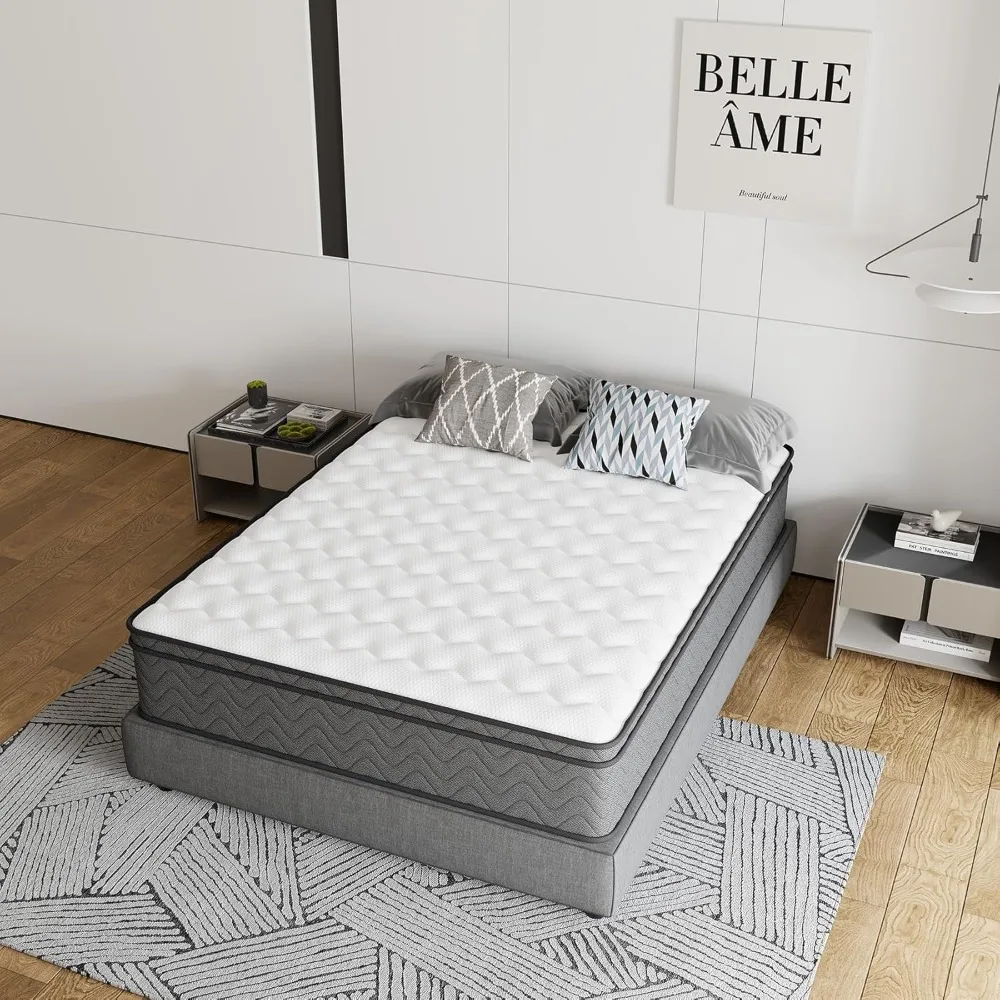 

Bed, 14 Inch Innerspring Hybrid Mattress in A Box, Individually Pocket Coils for Motion Isolation & Cool Sleep, Bed