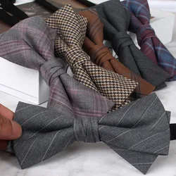 2024 New Mens Fashion Business Formal Wool Bowties Double-layer Brown Plaid Gray Bow Ties Groom Wedding Banquet Butterfly Cravat