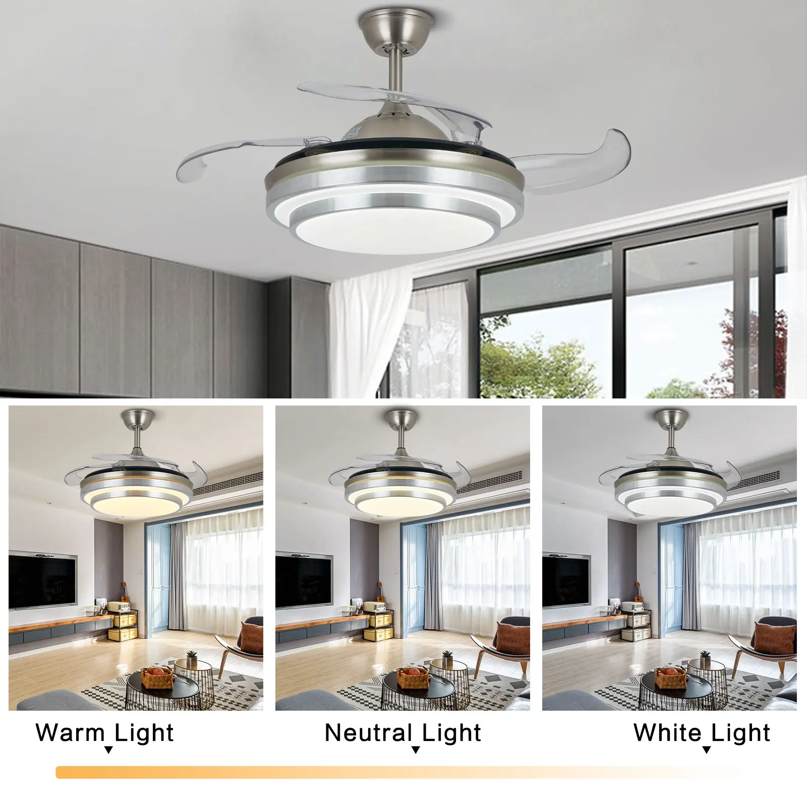 OUKANING Modern 36''Ceiling Fan Light LED Dimmable Retractable Blade Chandelier With Remote + 3 Color