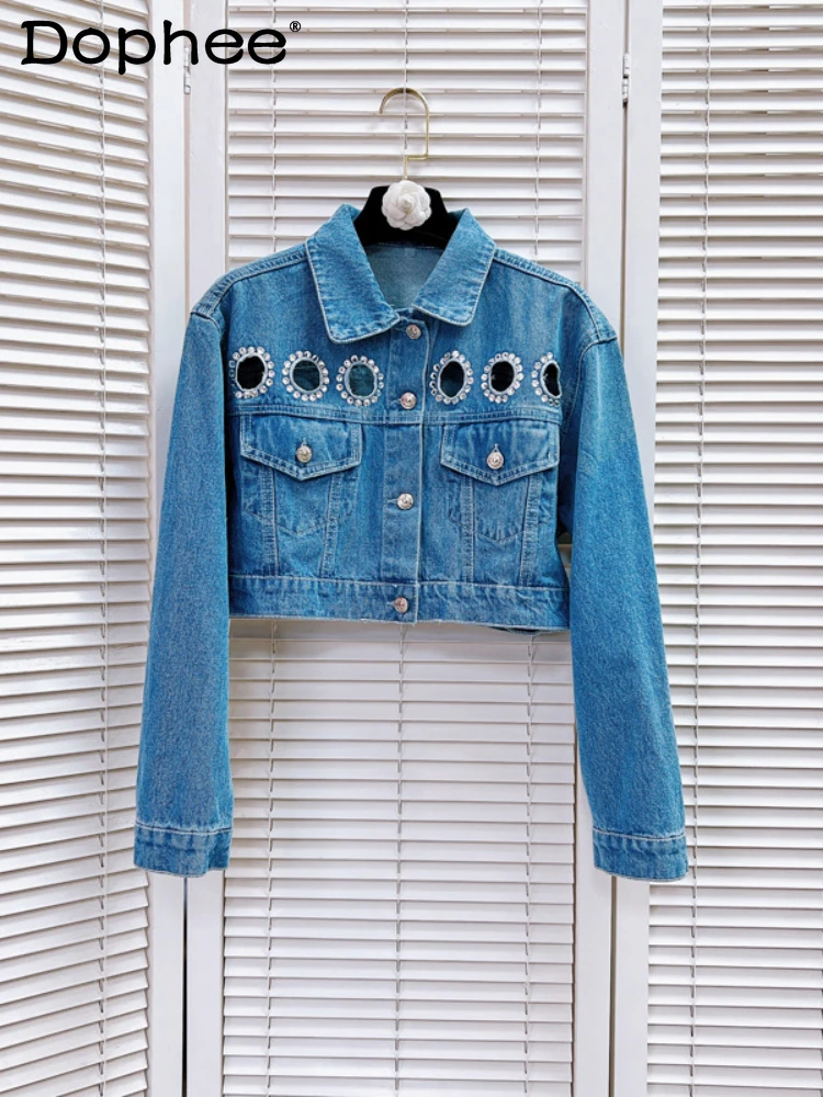 High-End Design Hot Rhinestone Back Hollow Denim Jacket Women's Autumn New Temperament Lapel Single Breasted Short Jean Coat Top