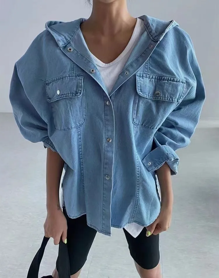 

Женские свободные джинсы Waed Denim irt Jaet с капюшоном, повседневные утягивающие удобные хлопковые джинсы с капюшоном