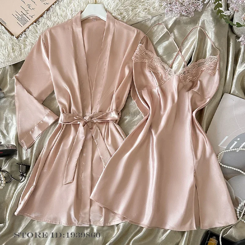 Sexy Twinset Robe Set Night Dress Spring Summer New Female Sleepwear Intimate Lingerie Pink Silk Satin Bathrobe Loungewear