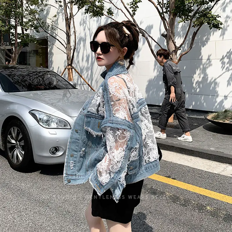Mesh Embroidery Hole Denim Jacket 2025 Summer Lace Stitching Girlish Top - Image 4