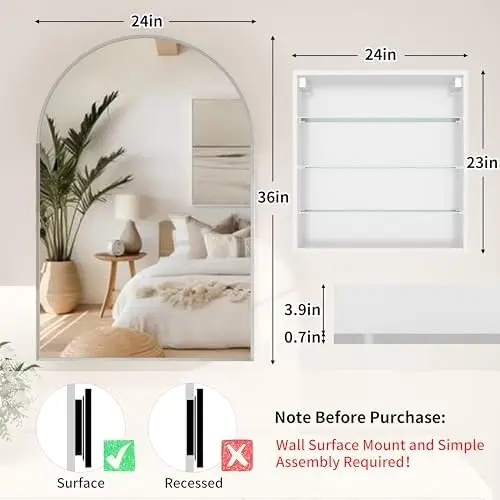 24x36 Inch Arch Bathroom Mirror Medicine,Cabinet,Brushed Silver Wall Mounted Bathroom Mirror with Storage,Adjustable