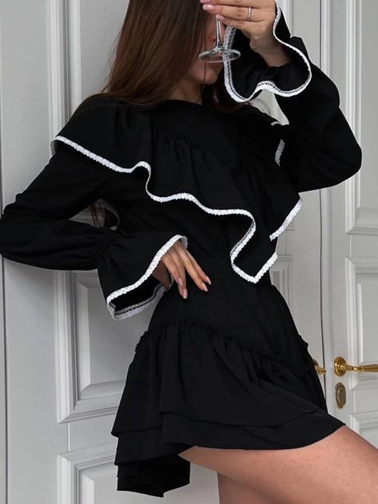 Mueyaruho 2023 Autumn Winter Women Elegant Sweet Mini Dress Solid Black Long Sleeve Ruffle Flare Dress Female