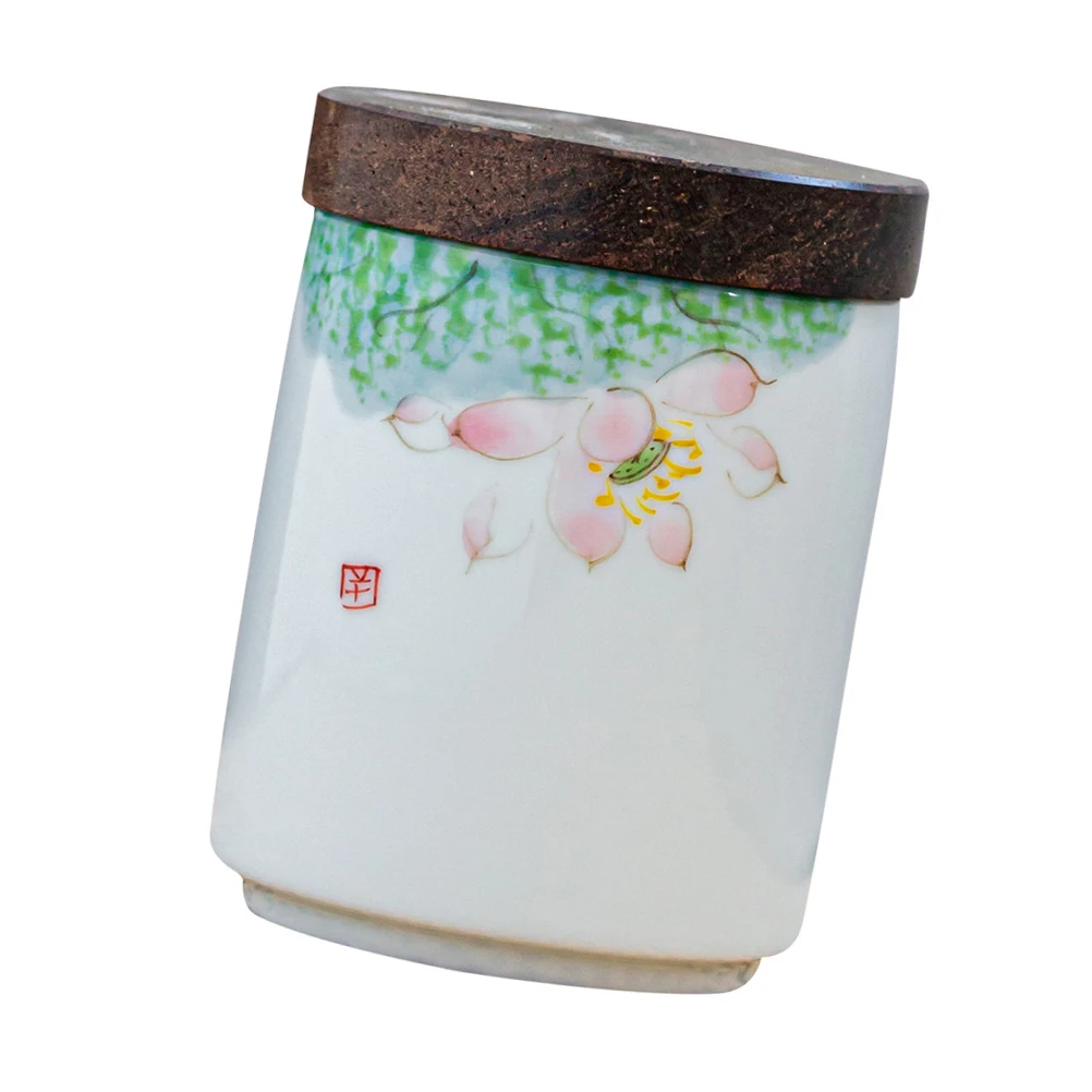 

Lotus Ceramic Jar Ancient Style Tea Canister Wooden Lid Airtight Container Storage Bottle For Honey Black Green Tea Scented