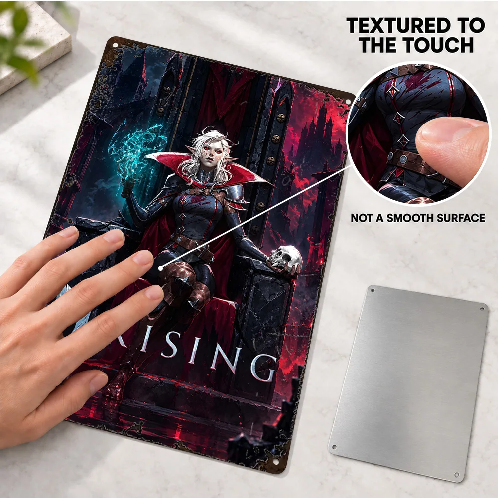 V Rising Vampire Queen Throne Textured Metal Poster Personalized Aluminum Sign Dark Fantasy Illustration Wall Art For Bedroom