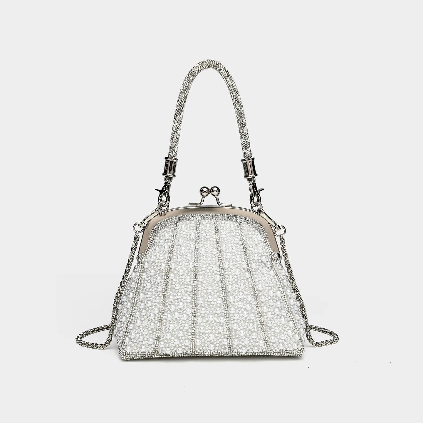

2026 New Fashion Pearl Chain Handbag Shoulder Crossbody Clip-On Evening Bag Elegant Women's Purse Stylish Polyester Bag