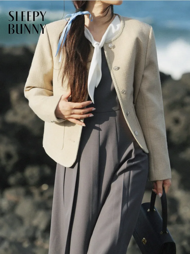 Elegant Tweed Cropped Jacket women Lady Spring Chic Round Neck Short Coat Textured Casual Outerwear French Style Daily Wear