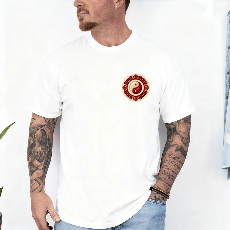 الصين Taichi نمط ثمانية مخطط طاقم الرقبة القطن تي شيرت عمال قصيرة الأكمام الملابس الرياضية جميع الفصول الأزياء تنفس