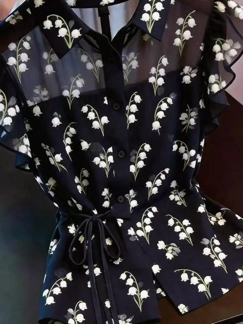 

Unique Beautiful Print Semi-Sheer Summer New Design Fashionable Knot Shirt French Style Slim Fit Short Sleeve Plant Floral Print