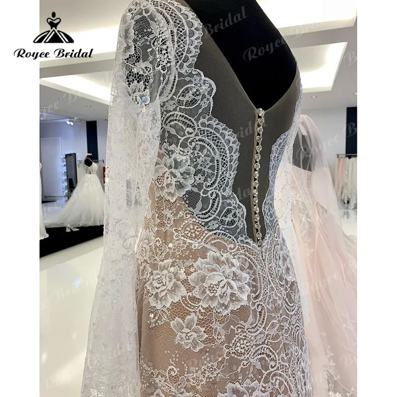 Mermaid/Trumpet Charming Wedding Dress Long Flare Sleeve Lace Illusion Split Middle 2023 Vestido Civil Bridal Beach Wedding Gown