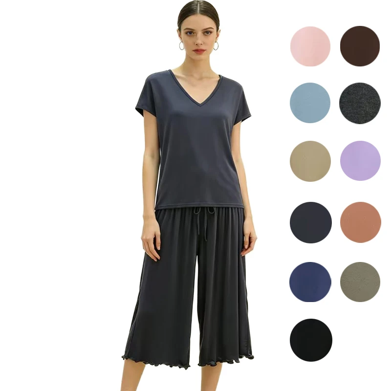 M-6XL Modal Summer Pajamas V-neck T-shirt Drawstring Cropped Pants Two-piece Set Loose Large Size Loungewear Women Nightwear