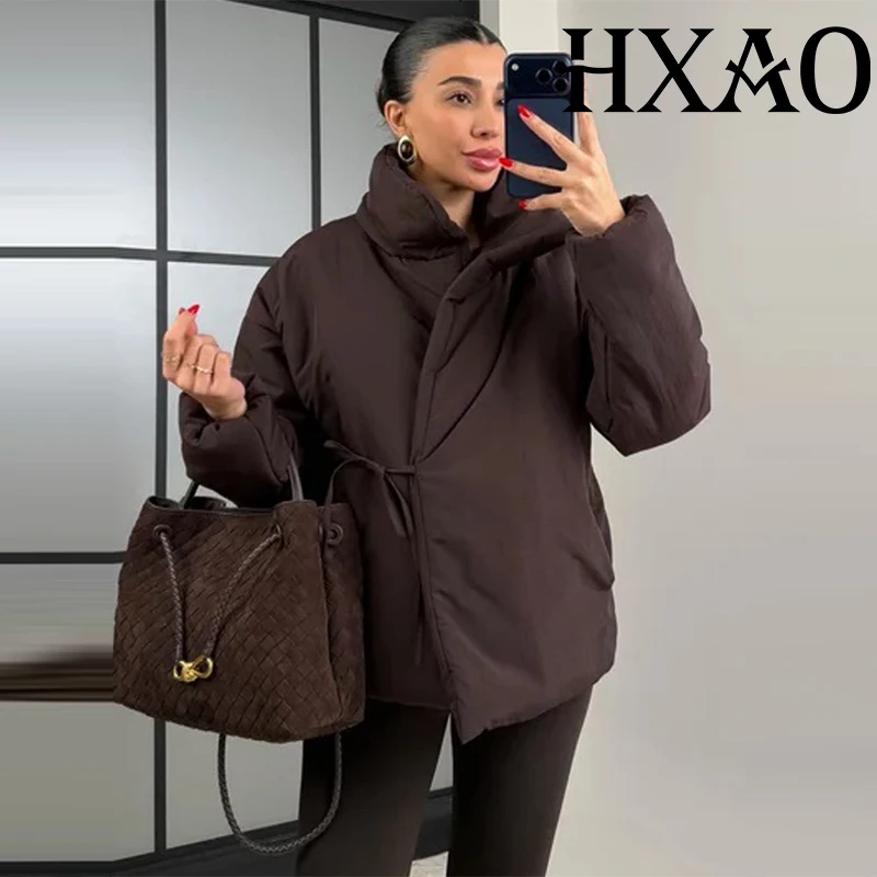 

HXAO Women's Cropped Padding Jacket Lace Up Brown Quilted Jacket Woman Winter Coats Long Sleeve Warm Parkas Short Padded Jacket