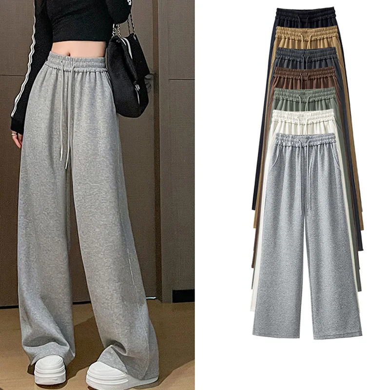New Autumn Women Casual High Waisted Long Pants Lady Korean Style Solid Cotton Elastic Wide Leg Straight Leg Streetwear Trousers