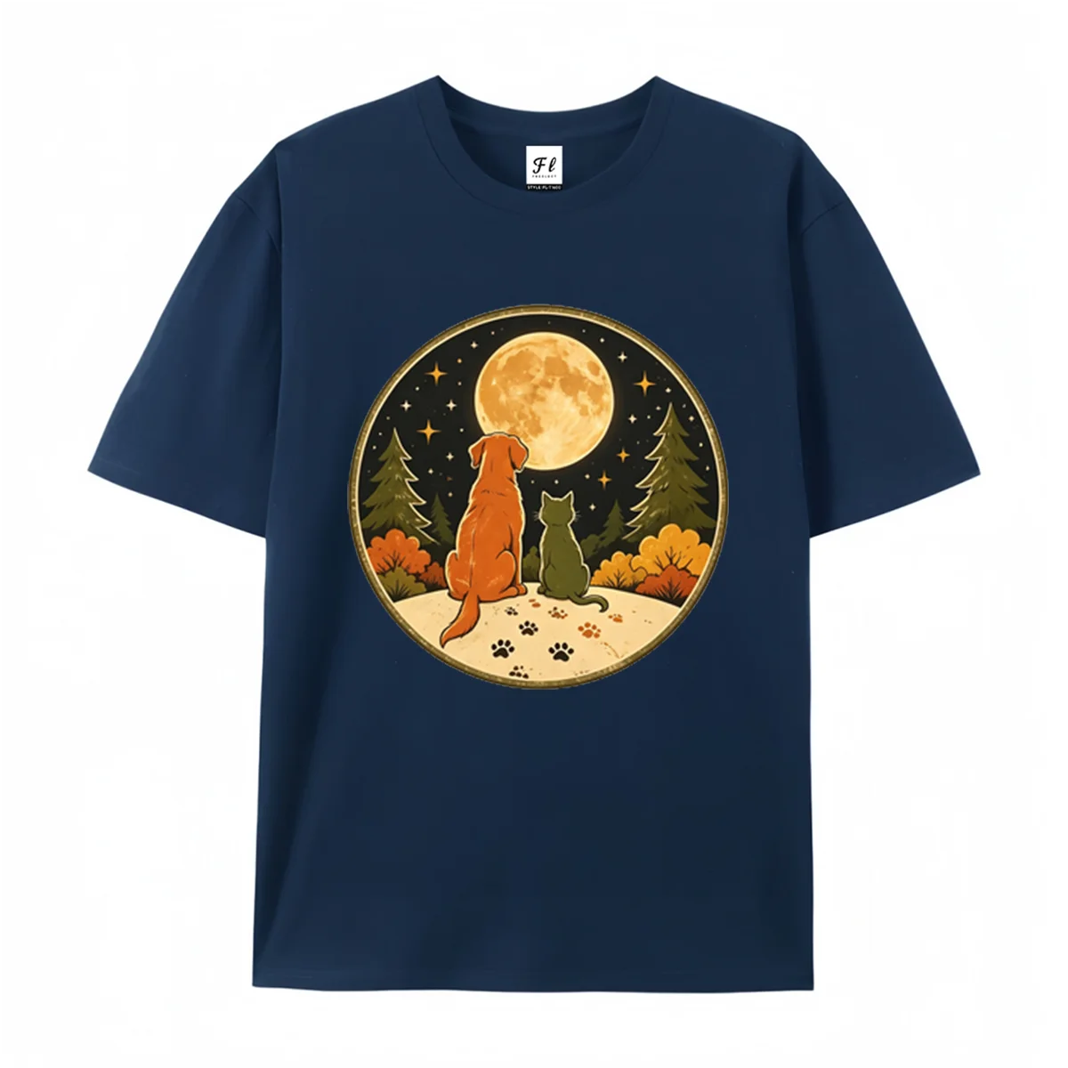 Unisex Short Sleeve T Shirt Vintage Dog Cat Watching Full Moon Forest Star Paw Print Graphic Tee Pet Lover Casual Summer Tops