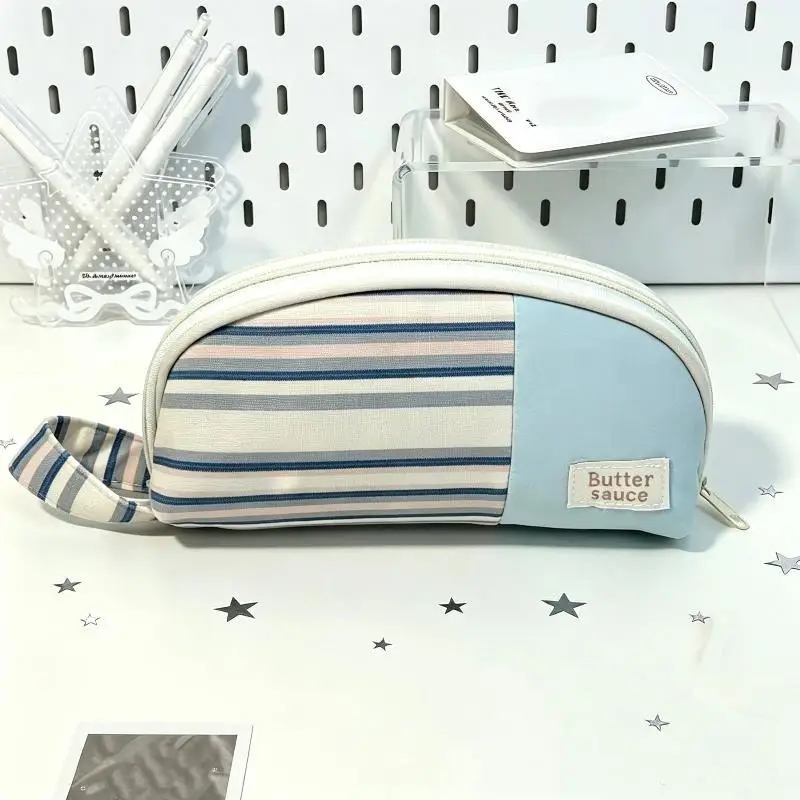 Gestreifte Stifttasche, große Kapazität, tragbarer Griff, ideal für Schüler, Schule, Büro, zur Aufbewahrung von Schreibwaren. – Detail 5