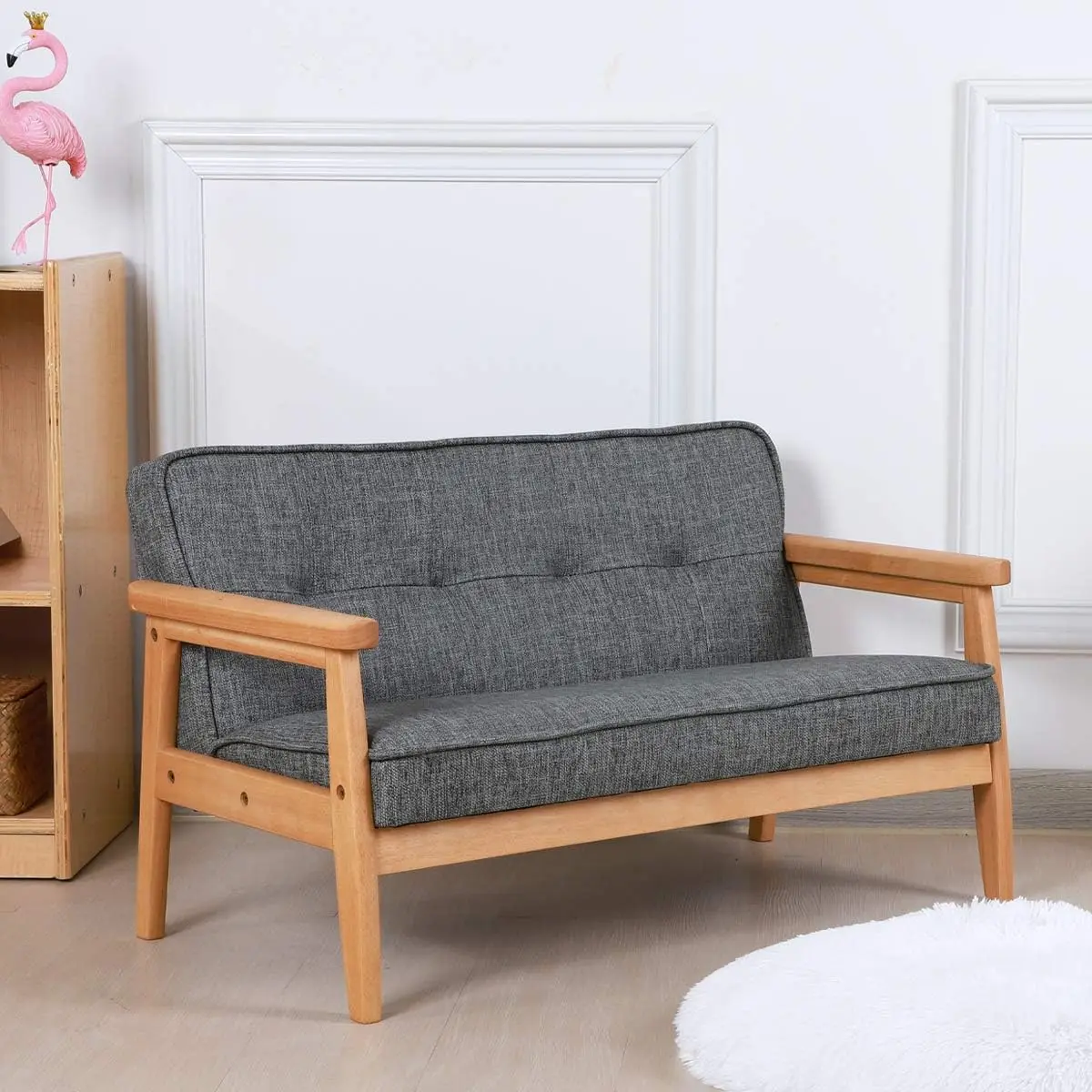 Kid Sofa Chair, Kid Couch with Solid Wood Arm and Linen Pattern PVC for Kids Rest (Dark Grey)