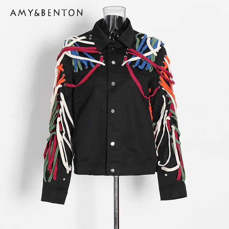 

2024 New Fashion Heavy Industry Jacket Dark Three-dimensional Strap Single-breasted Design Contrasting Top Coat Women's Clothes