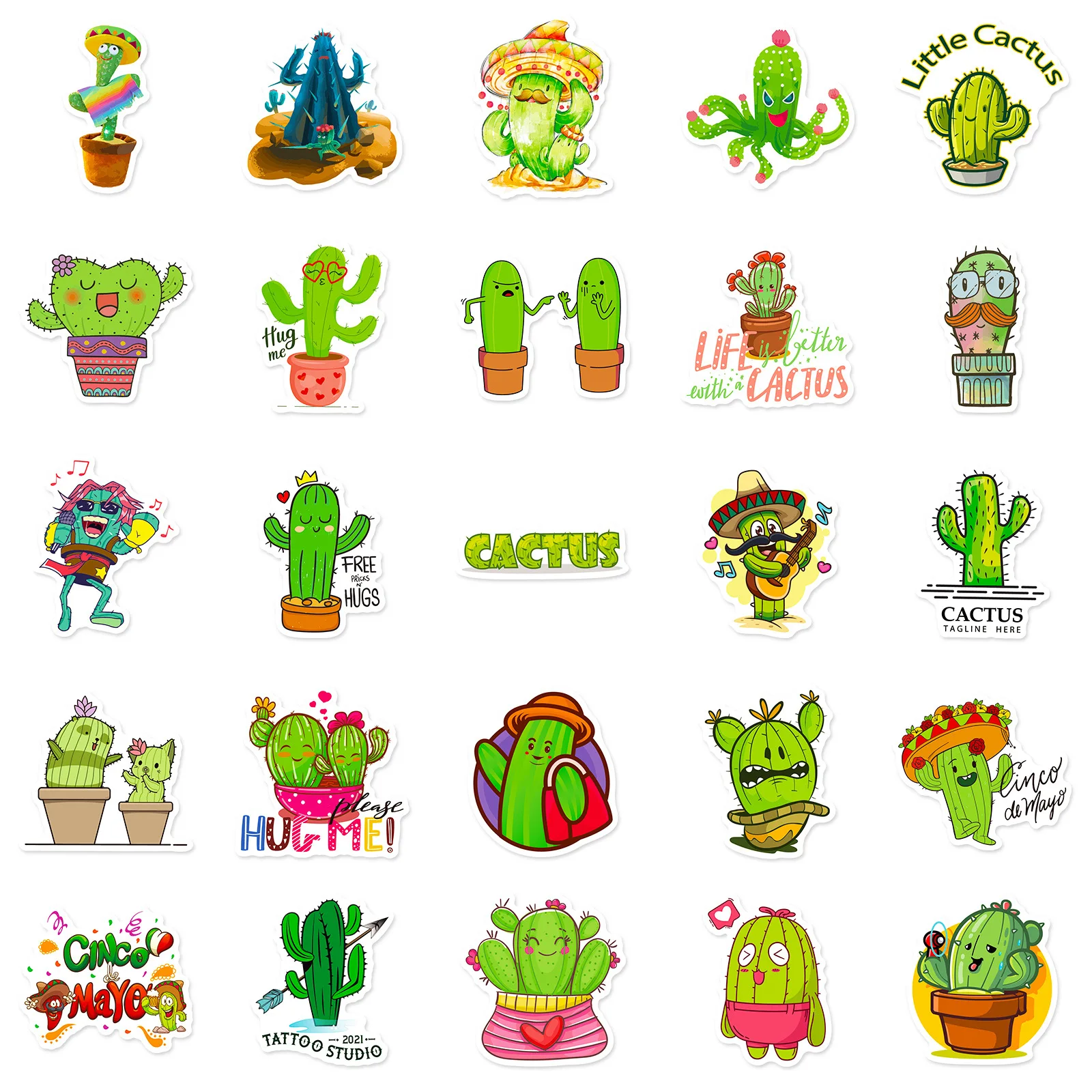 50PCS Cute Cactus Plant Cartoon Graffiti Stickers DIY Phone Guitar Laptop Notebook Suitcase Cup Waterproof Sticker Kids Toy