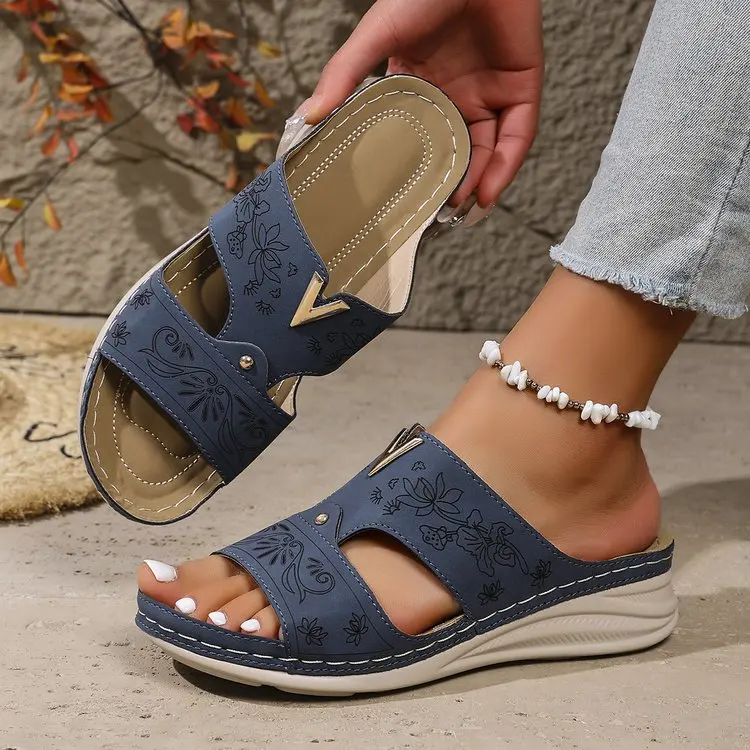 

Women Fashion Summer Beach Casual Wedge Sandals Platform Slides Floral Embossed Vintage Ethnic Comfort Orthopedic Walking Ladies