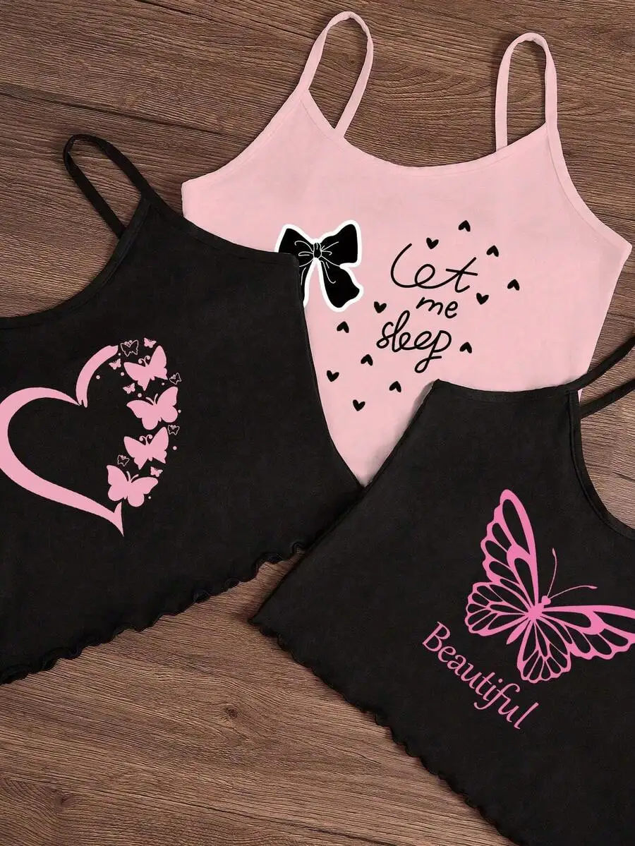 

3pcs Women Cartoon Printed Sleep Tops Set With Heart Butterfly Bow Design