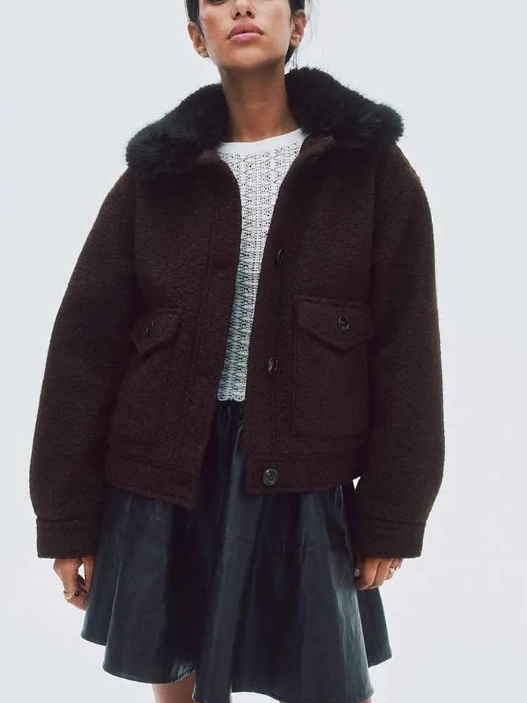 

European and American style winter new women's loose casual temperament simple versatile long-sleeved fur collar coat