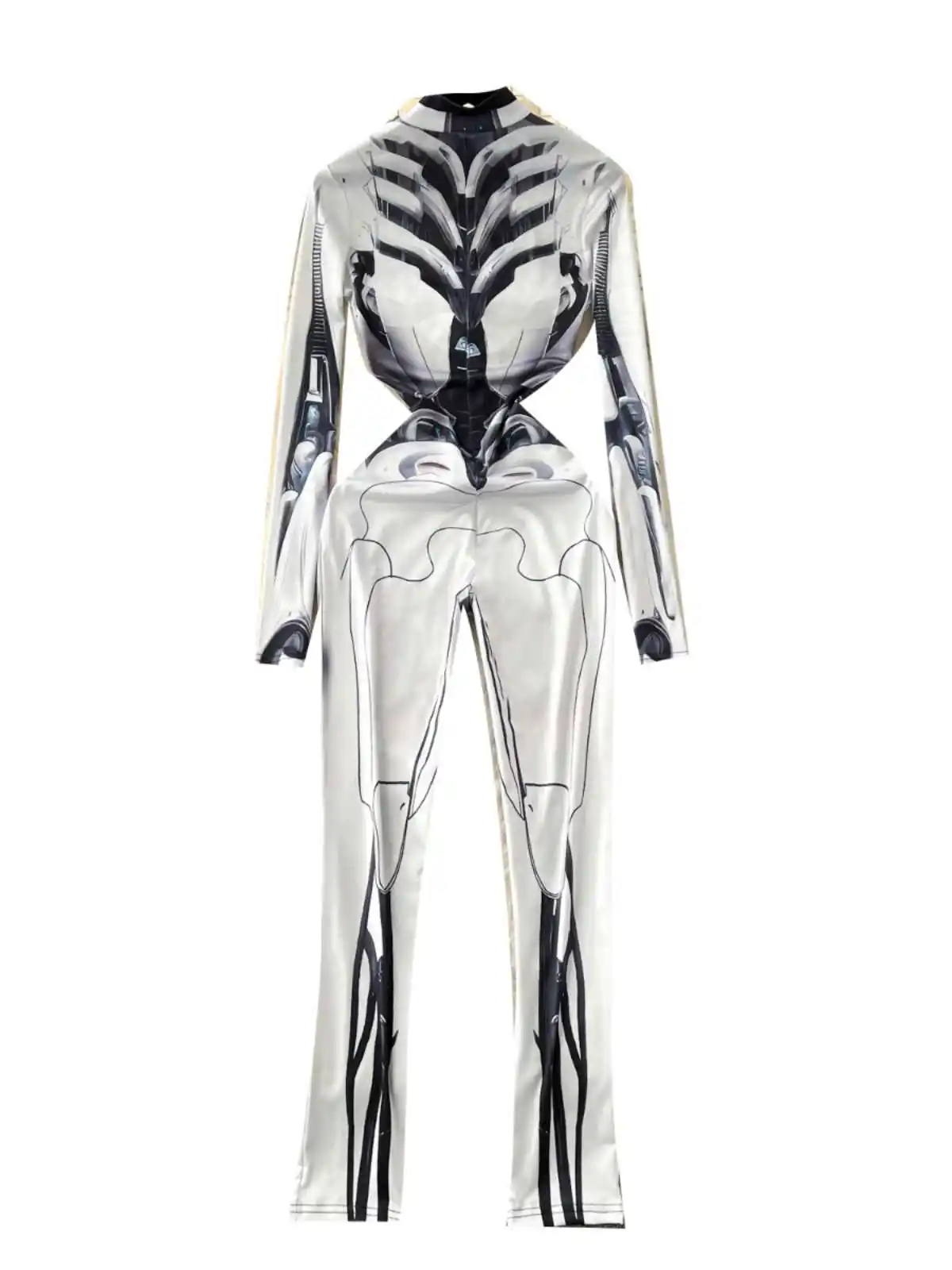 Women's Grey Print Jumpsuits Vintage Long Sleeve Skinny Playsuits Pants Harajuku Sexy Rompers 2000s Emo Coquette Fashion Clothes