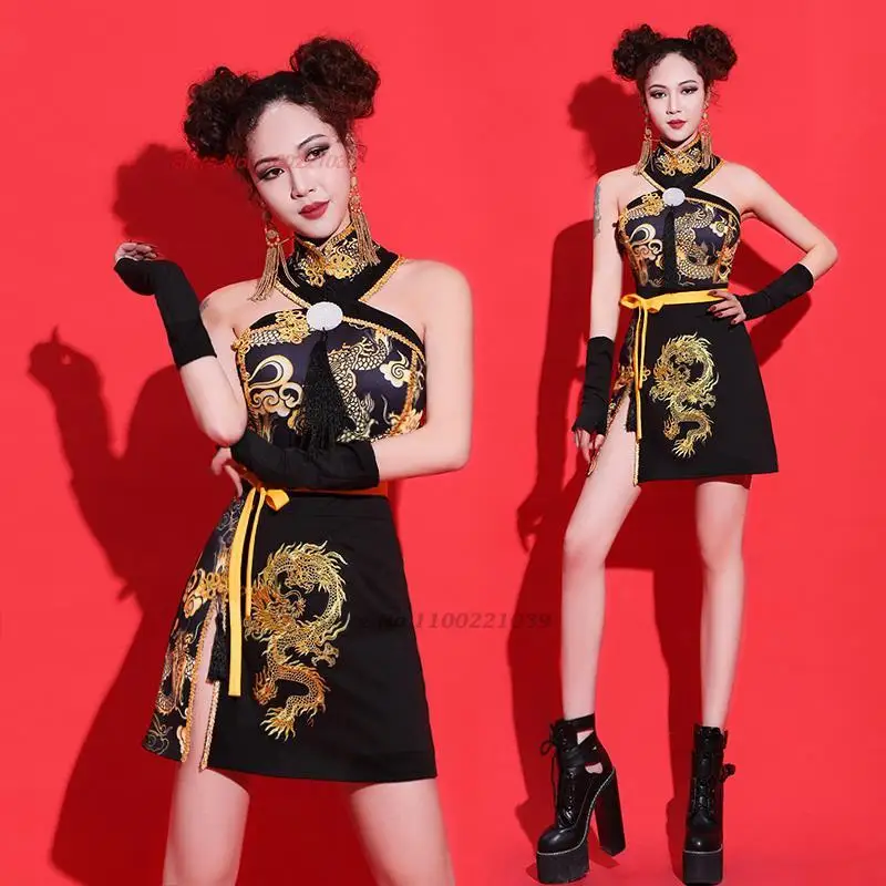 2025, Chinese nationale draak print jazzdans kostuum vrouwen verbeterde qipao hiphop kleding mode gogo outfits dj show kleding